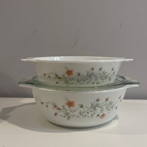 Vintage PYREX England EMILY SPRING GARDEN set of 2 Casserole Dish with one Lid